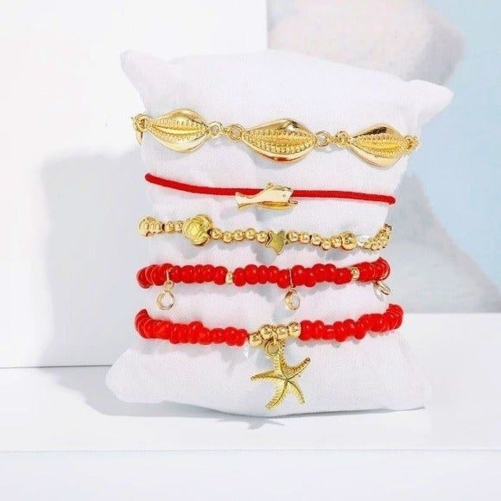 * 50% OFF! 5 piece anklet set red boho beach bohemiam